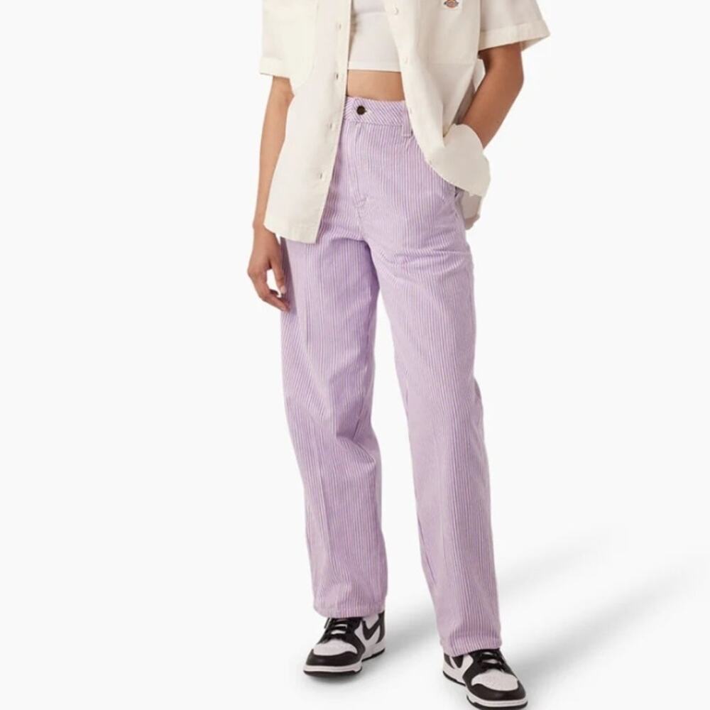 Dickies Hickory Stripe Pants Jeans Women's Sz 34 Regular Purple White Carpenter